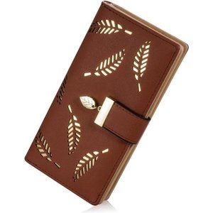 Women's Long Leaf Bifold Wallet Leather Card Holder Purse Zipper Buckle Clutch